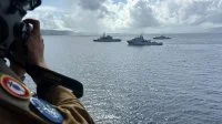 La frégate de surveillance Germinal, le bâtiment de soutien et d’assistance outre-mer Dumont d’Urville et le patrouilleur Antilles-Guyane La Combattante